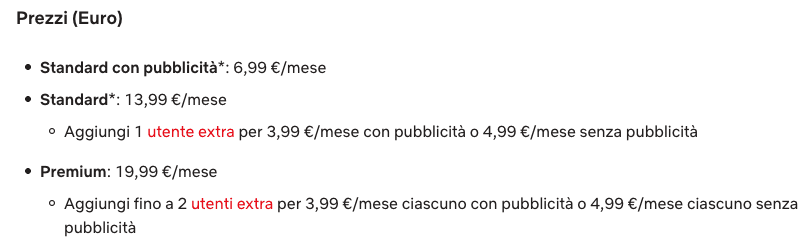 Prezzi Netflix 2025 con Extra
