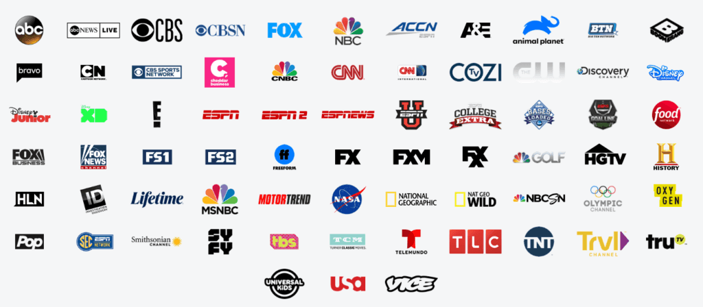 Hulu Live TV channels, including National geographic, Fox, Comedy Central, College Extra, TLC, Vice, Lifetime, Food Network, Animal Planet, NBC, Disney Channel, ESPN and the Olympic channel.